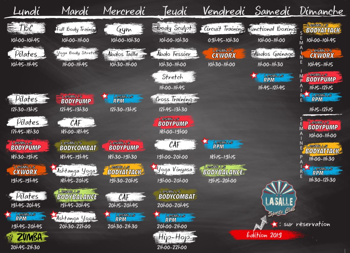 Planning hebdomadaire des cours collectifs dispensés par les coachs de la Salle Sports Club